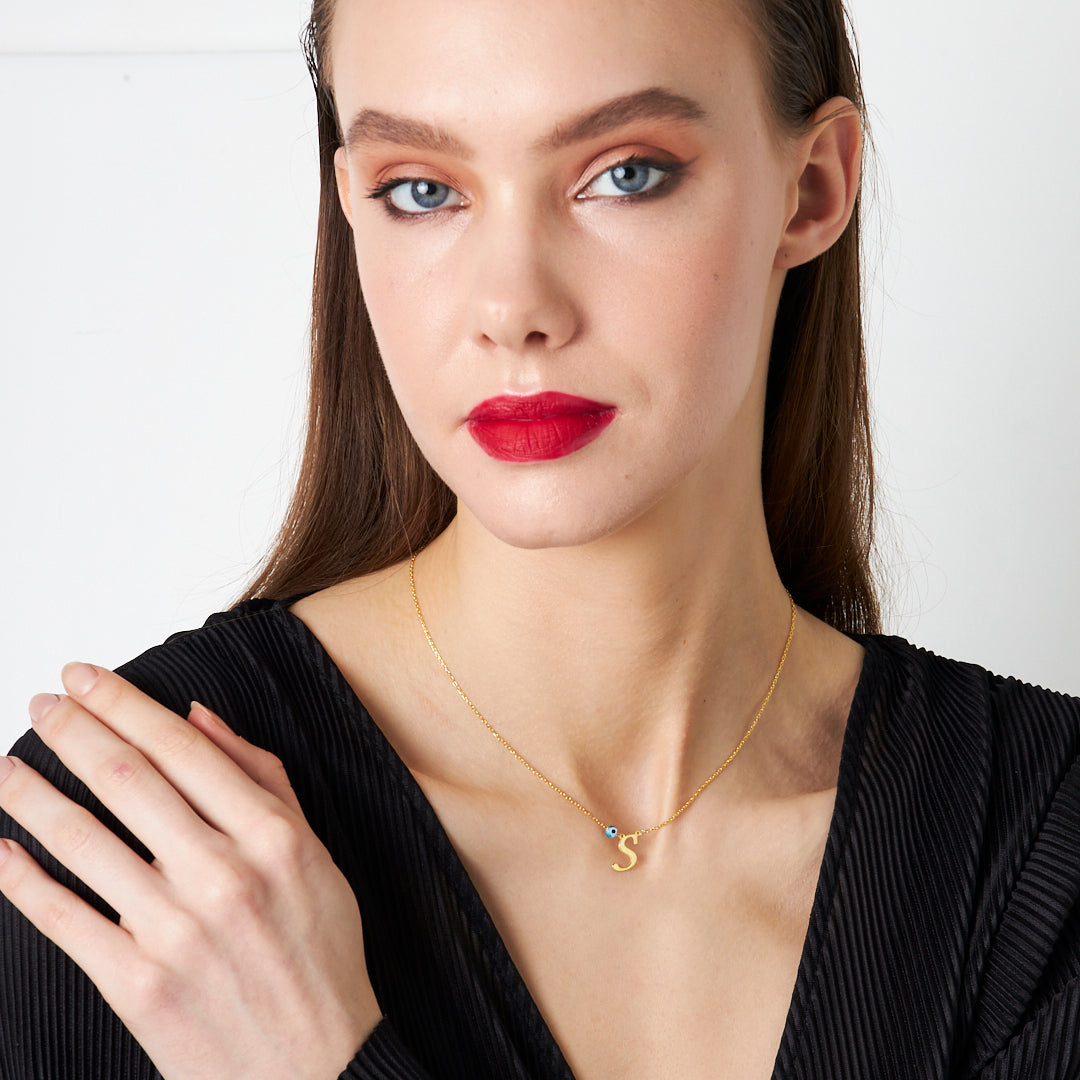 Evil Eye Thin Letter Necklace - 925 SILVER