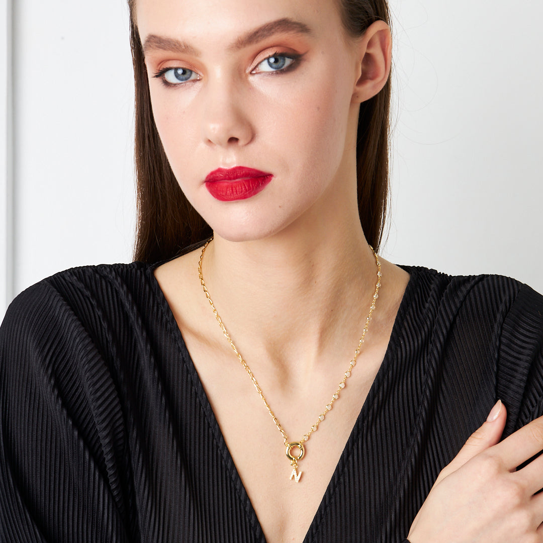 Sailor Locked Initial Necklace with Row Stones - 925 SILVER