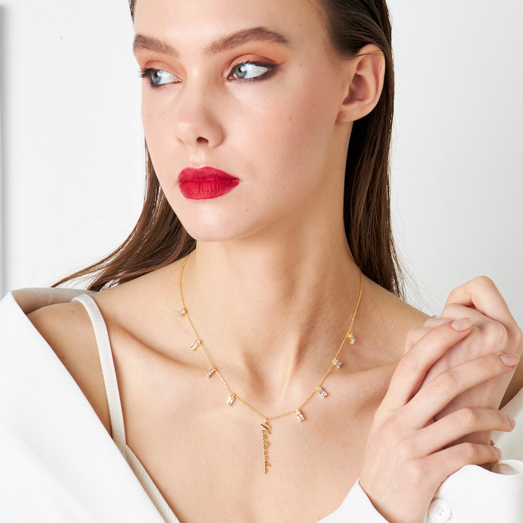 Baguette Stone Name Necklace - 925 Silver