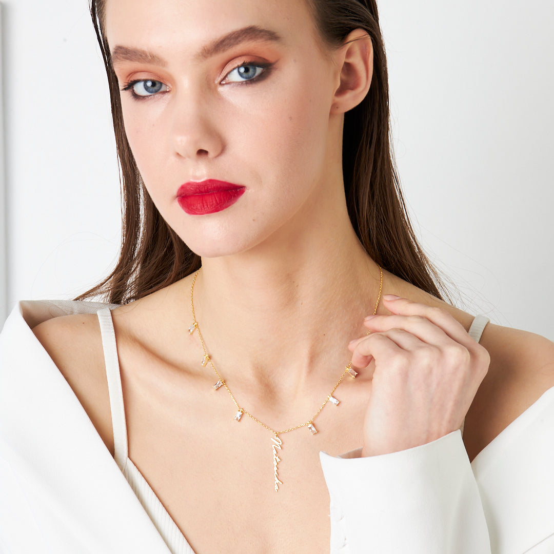 Baguette Stone Name Necklace - 925 Silver